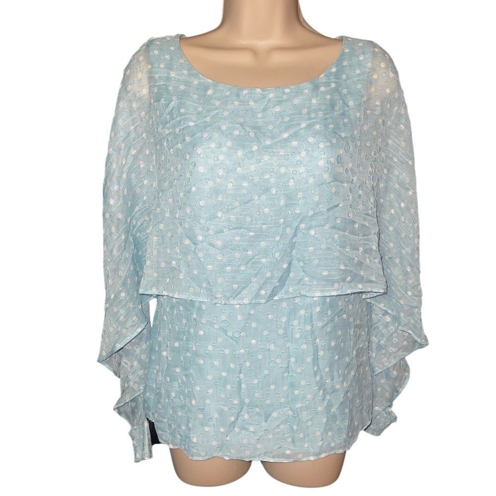 DKNY Sky Blue Polka Dot Layered Blouse Tank Sheer Classy Date Night